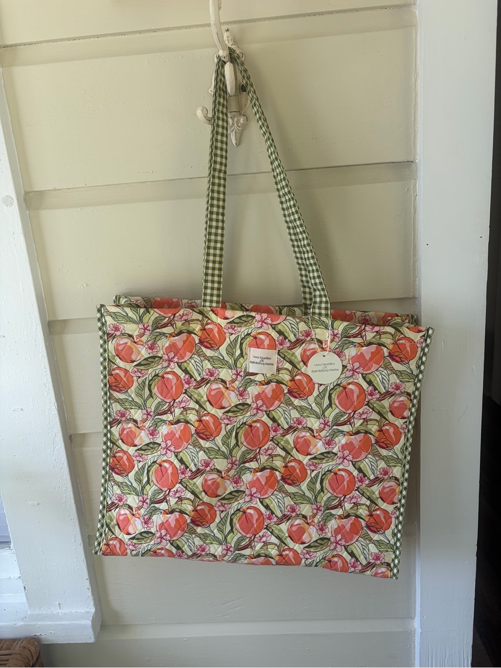 Floral Peach Print Tote Bag with Green Gingham Trim